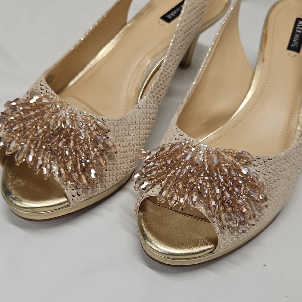 Alex Marie Marla Rhinestone Beaded Gold Pump Heel - Picture 3 of 10